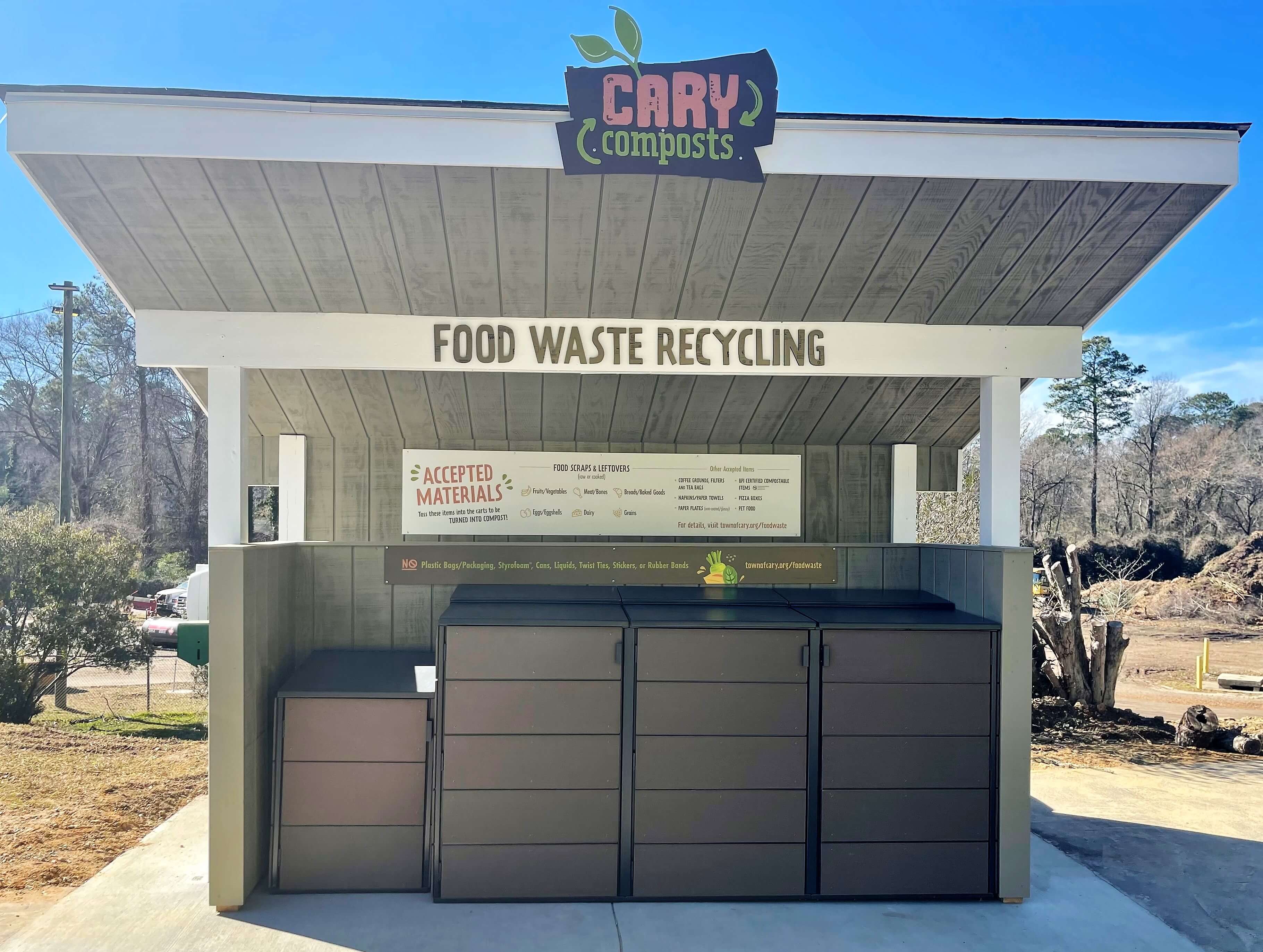 Image of a Cary Compost location, which features a sheltered area where you can place your compostable waste.